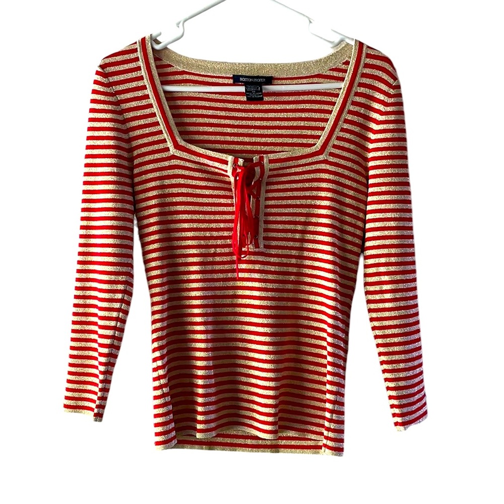 Boston Proper red & gold nautical striped knit top